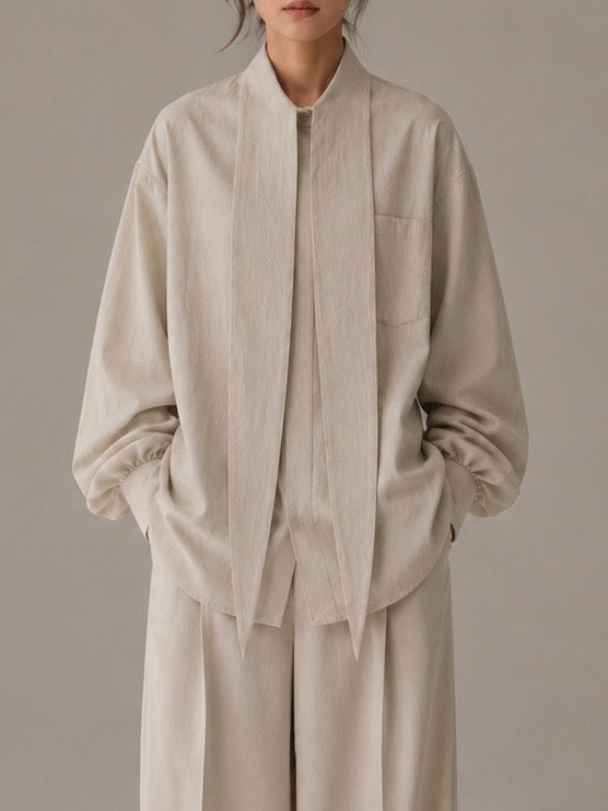 Long collar linen shirt in cement white
