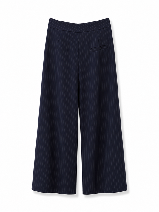 Navy Pinstripe Crossover Wide Leg Pants