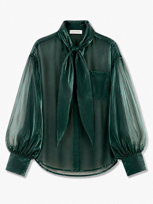 Long collar organza shirt in green forest