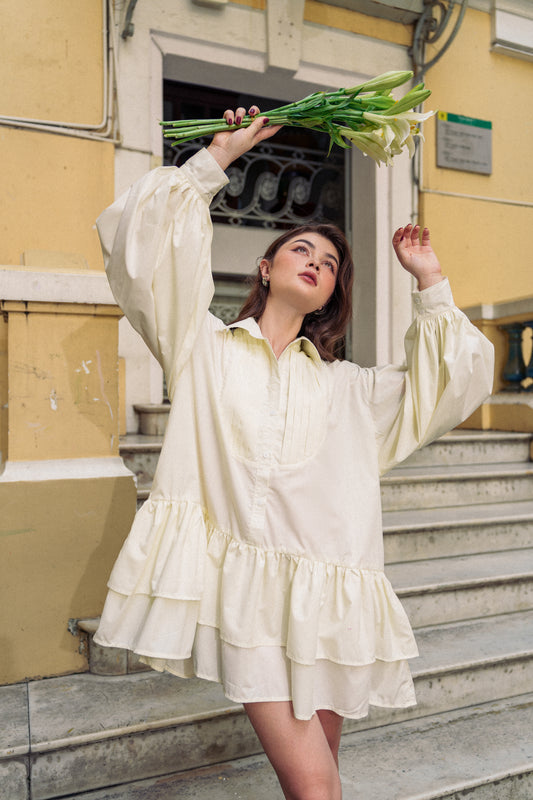 Ruffles Mini Shirtdress in Ivory