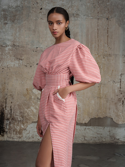 Red Gingham midi Dress with backless top