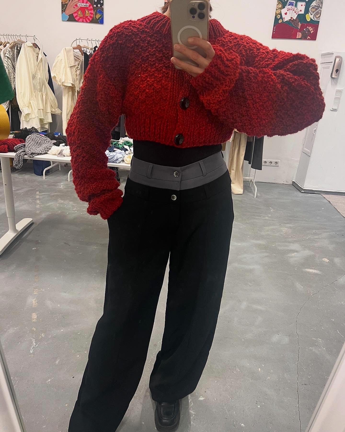 Hand-Knitted Cropped Button up Sweater in red