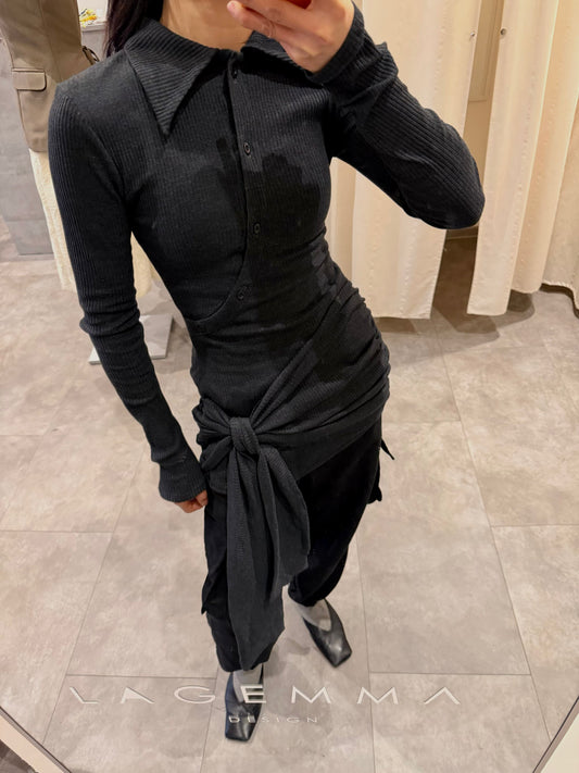 Long ribbed polo tee in Grey