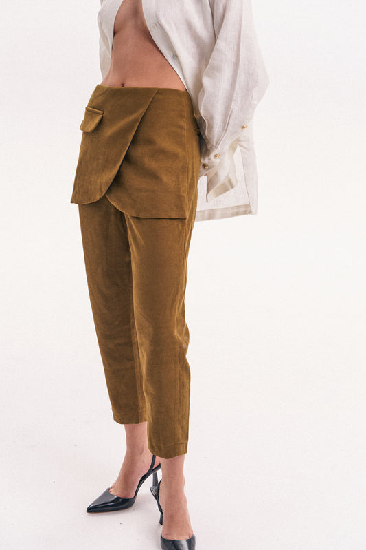 Peplum straight-leg pants in Olive Yellow