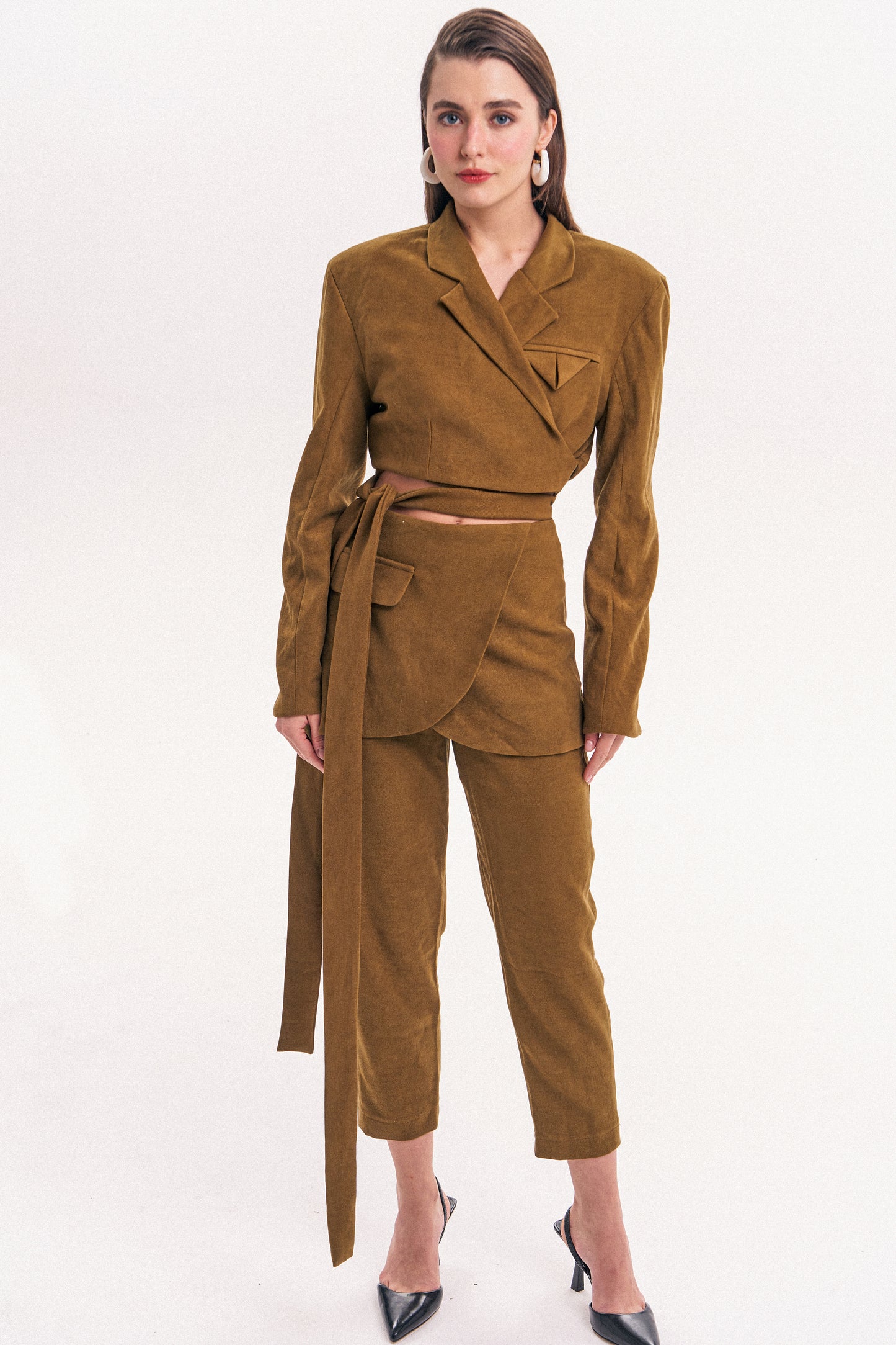 Peplum straight-leg pants in Olive Yellow