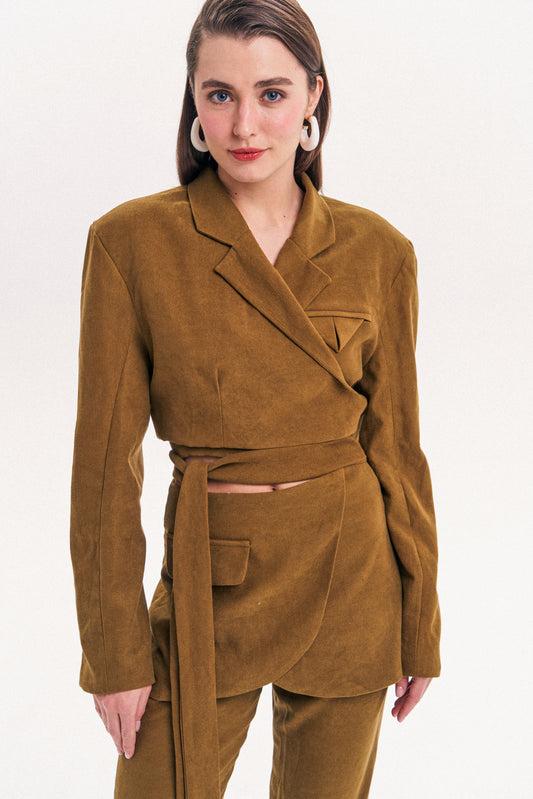 Cropped Wrap Blazer in Olive Yellow