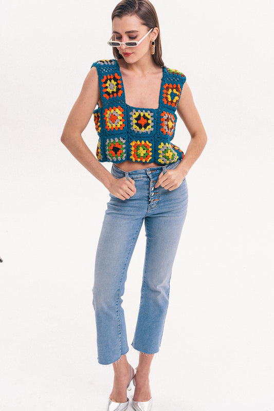 Hand Embroidery Crochet Crop Top in blue