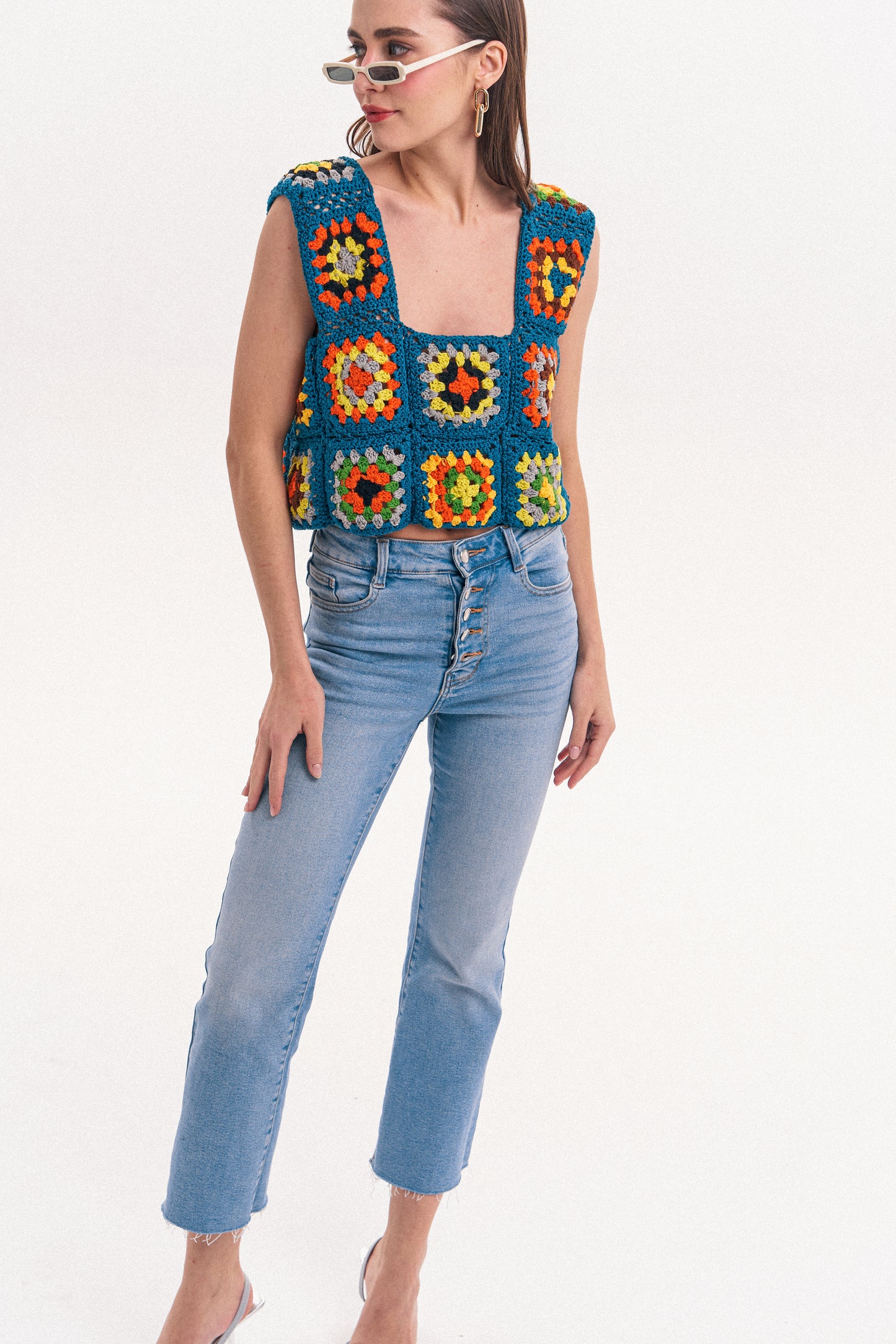 Hand Embroidery Crochet Crop Top in blue