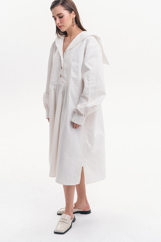 Sailor Collar Dress in Khaki Off-White