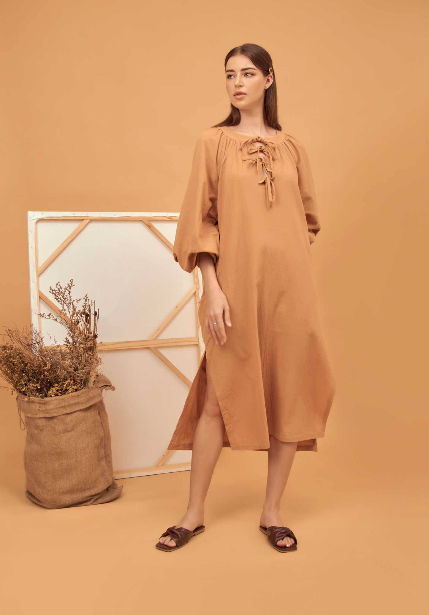 Tie-Front cotton midi dress in mustard