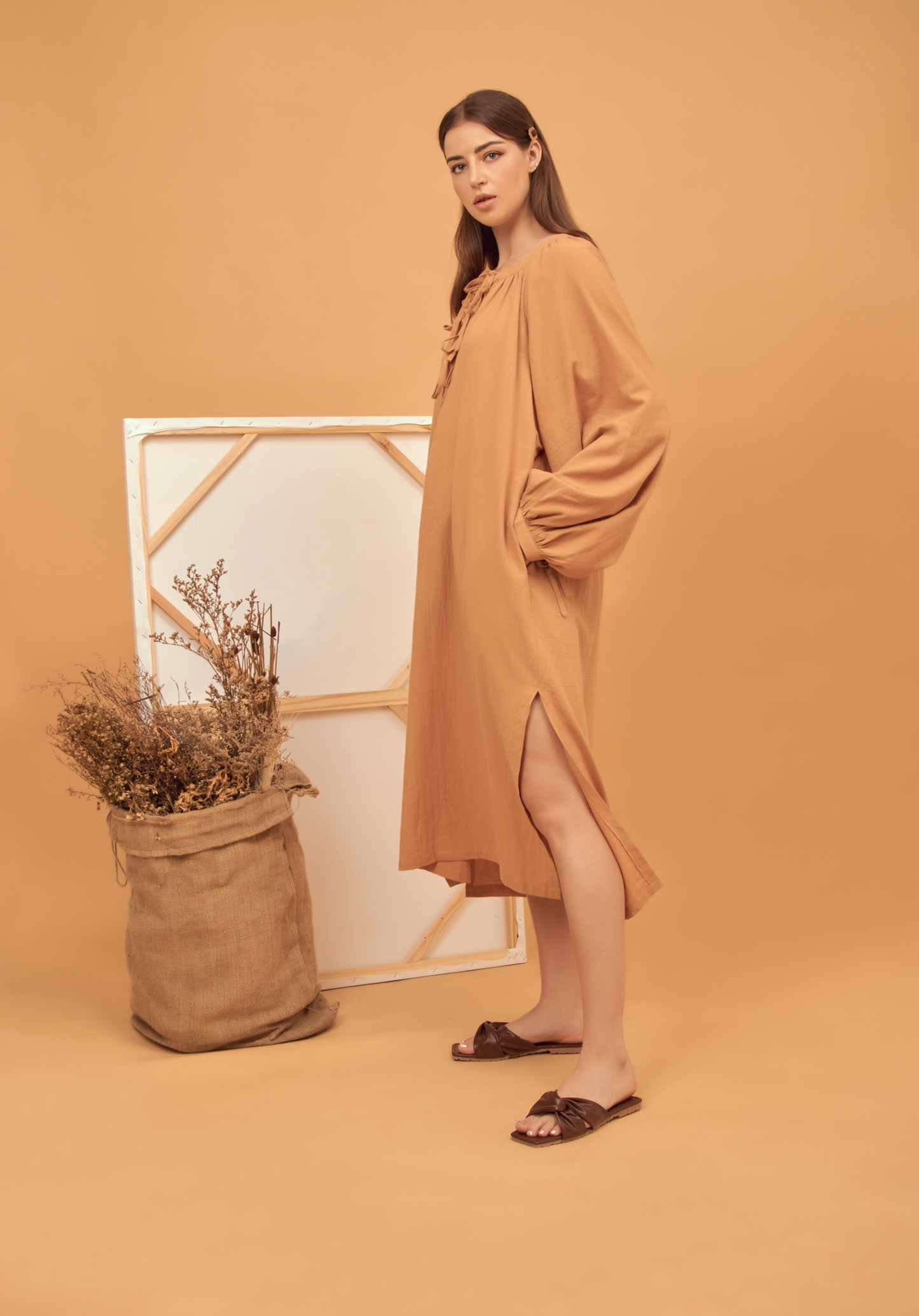 Tie-Front cotton midi dress in mustard