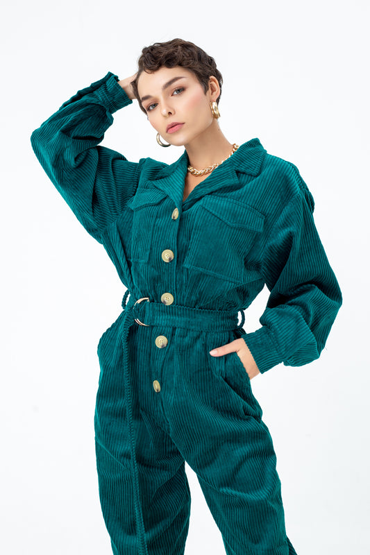 Belted corduroy utility jumpsuit