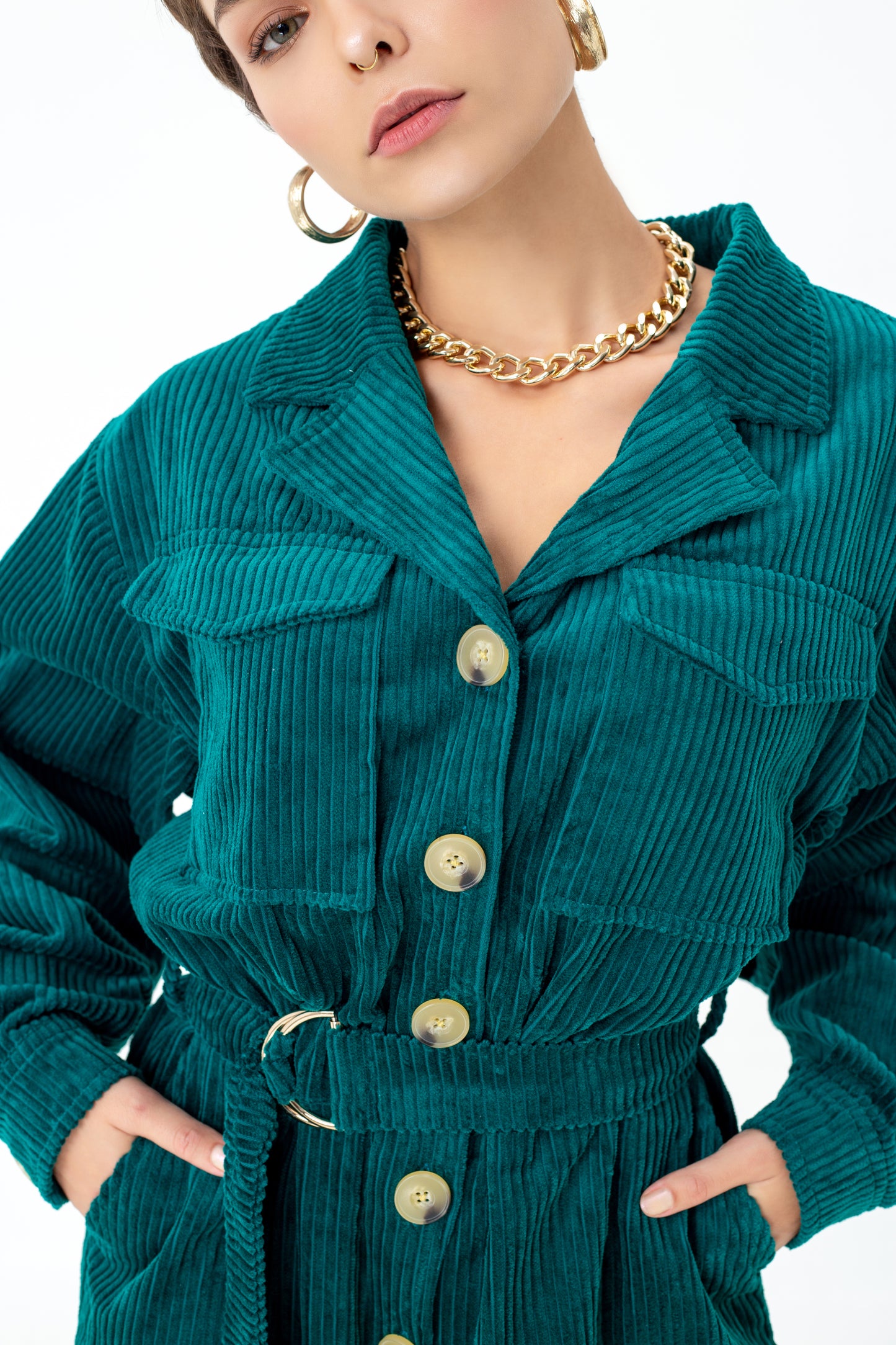 Belted corduroy utility jumpsuit