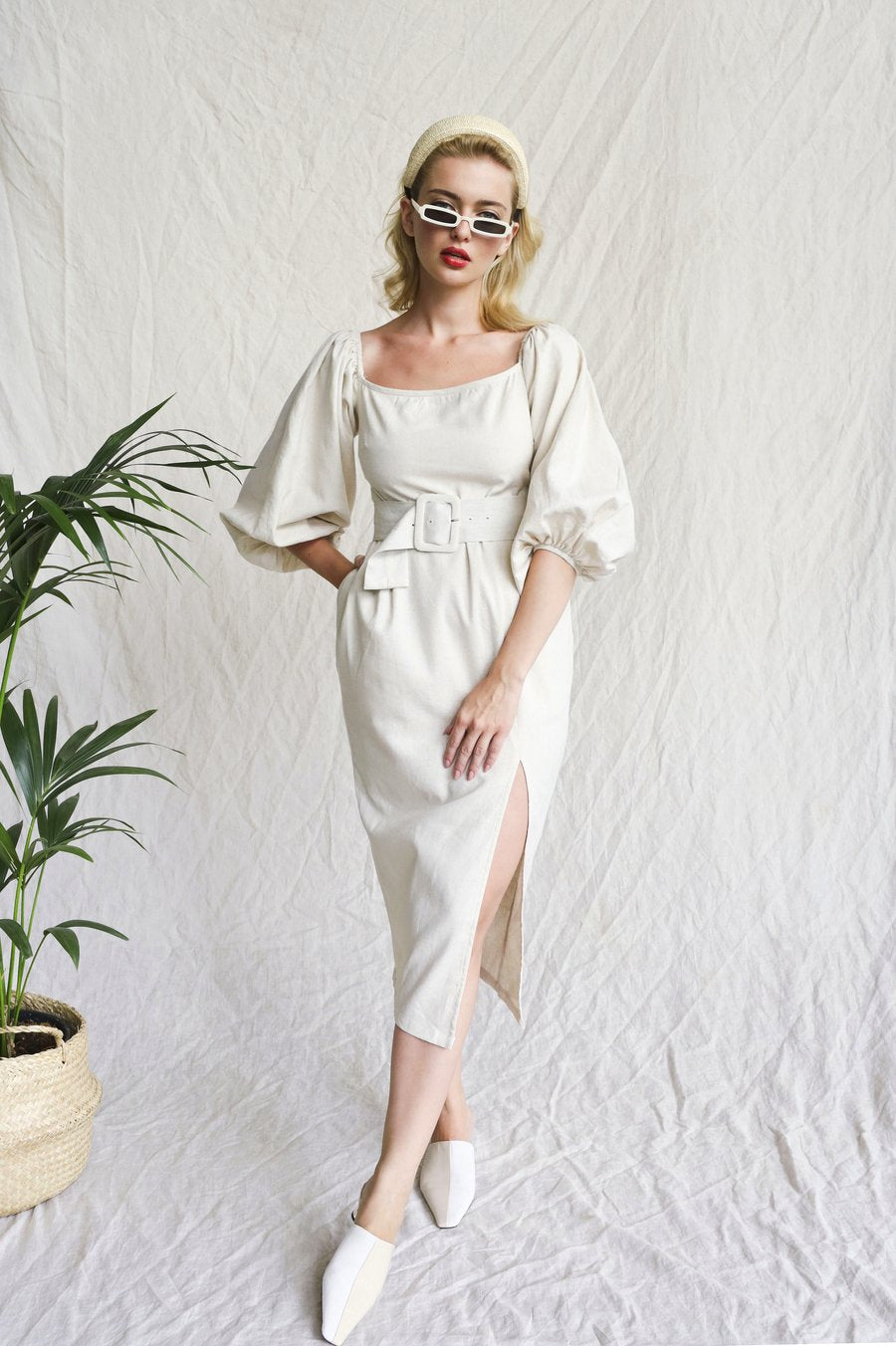 Belted Corduroy Slit Dress in Caramel