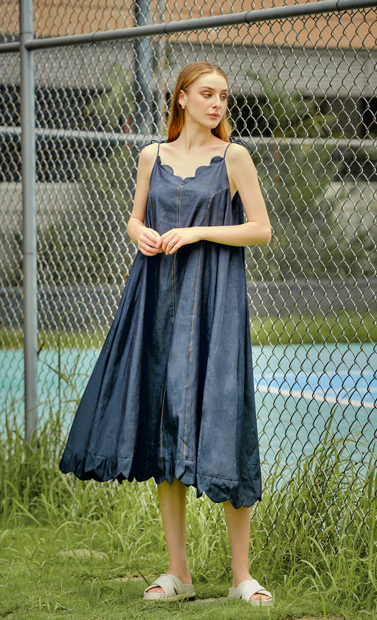 Denim scalloped hem maxi dress in navy