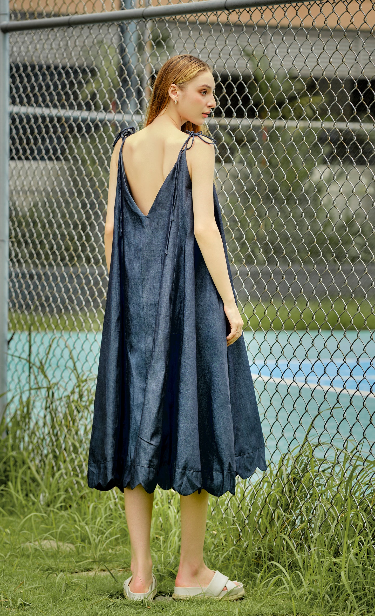 Denim scalloped hem maxi dress in navy