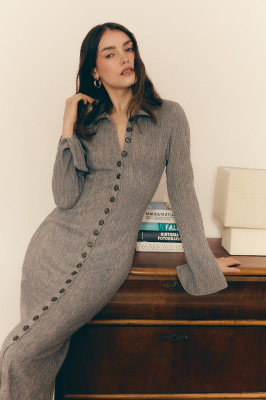 Button Up knit Shirt dress in grey