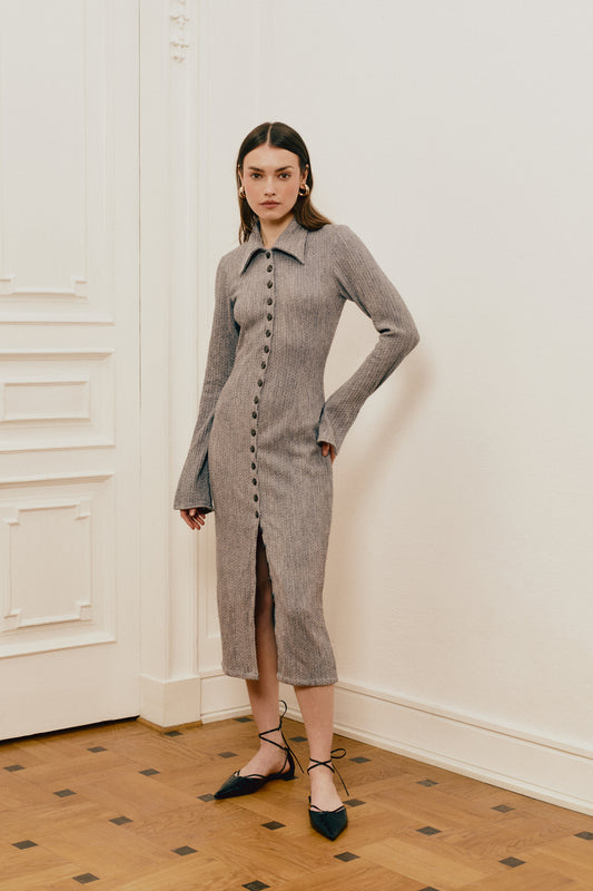 Button Up knit Shirt dress in grey