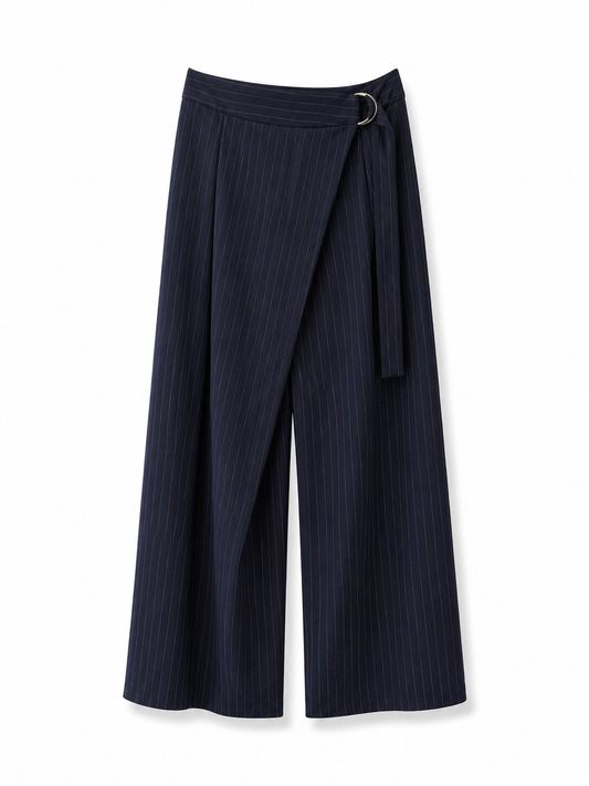Navy Pinstripe Crossover Wide Leg Pants