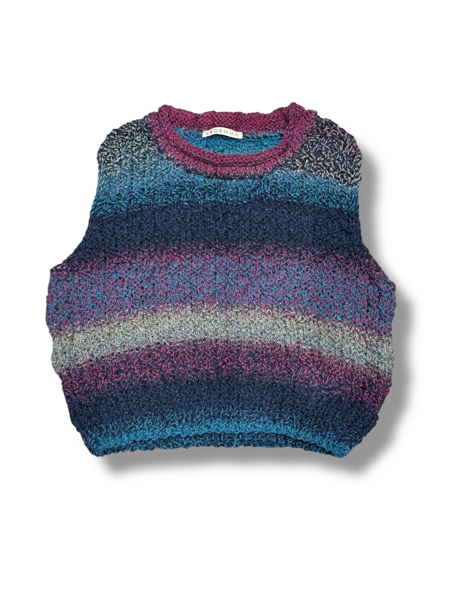 Hand knitted vest top in purple/blue