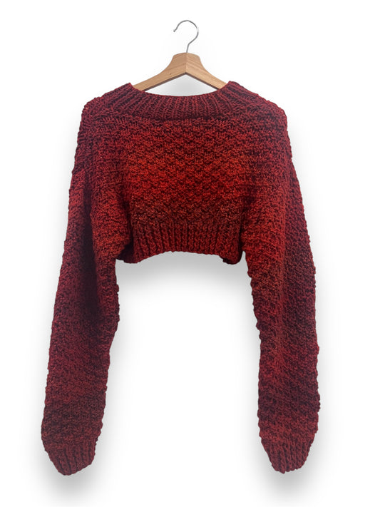 Hand-Knitted Cropped Button up Sweater in red