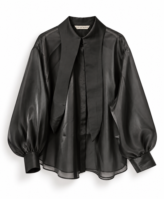 Long collar organza shirt in black