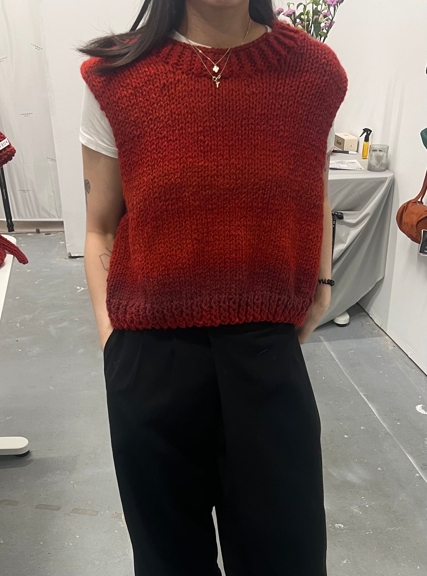 Hand- Crochet Tank Top Sweater in red