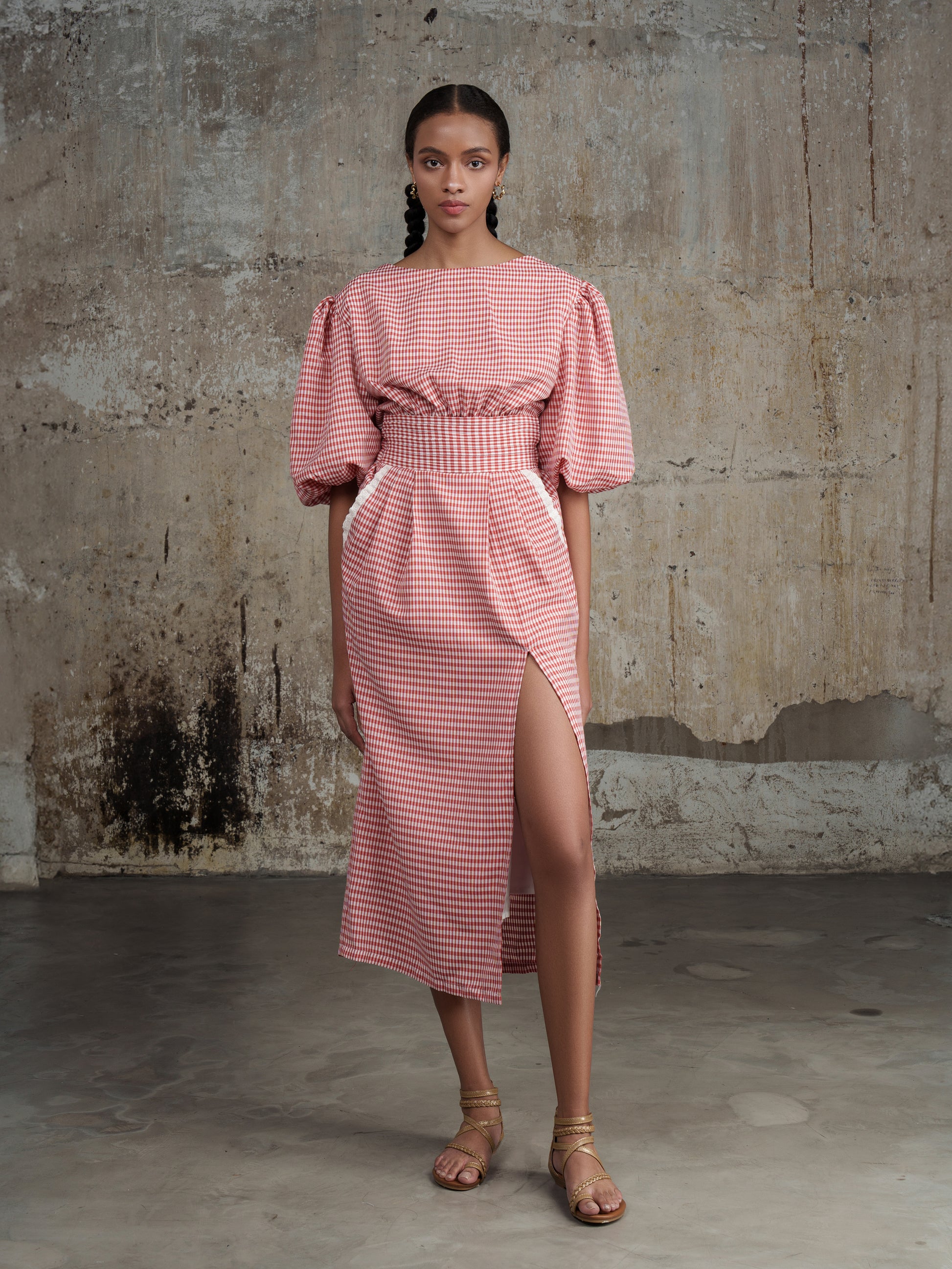 Red Gingham midi Dress with backless top LAGEMMA Red Gingham midi Dress with backless top LAGEMMA
