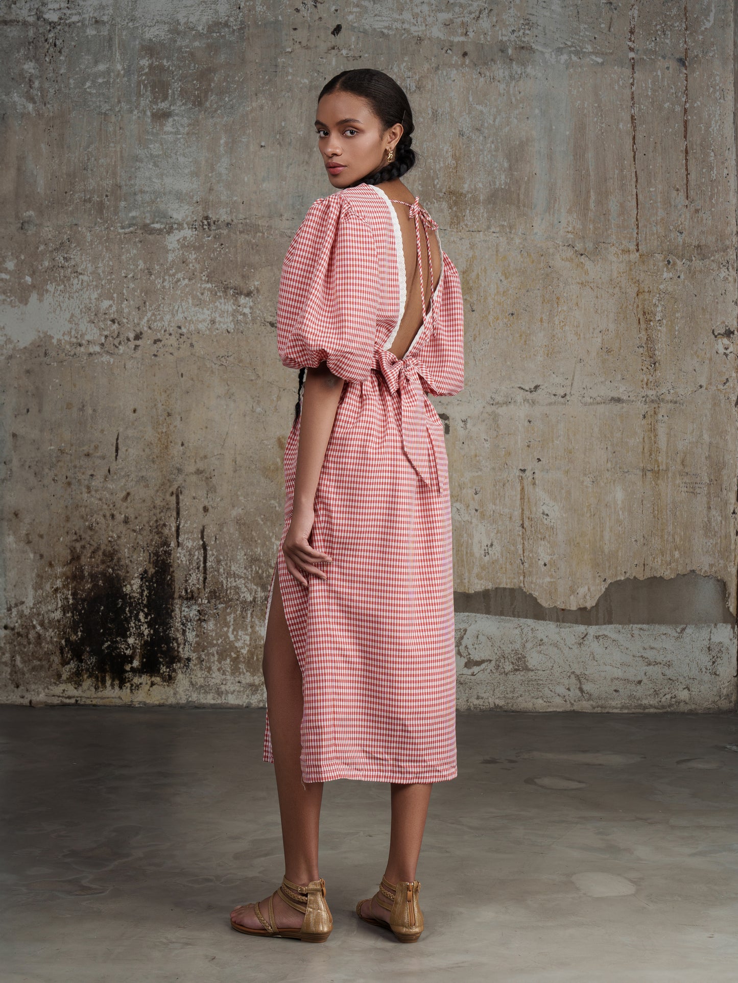 Red Gingham midi Dress with backless top LAGEMMA Red Gingham midi Dress with backless top LAGEMMA
