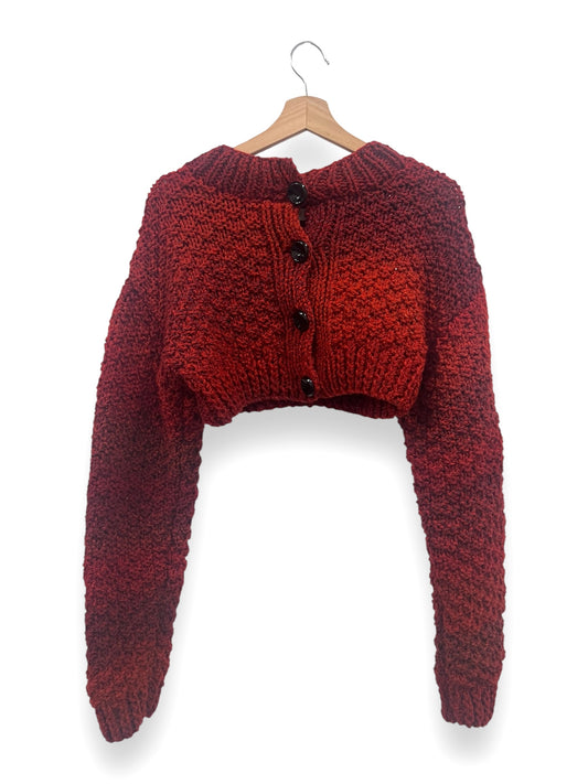 Hand-Knitted Cropped Button up Sweater in red