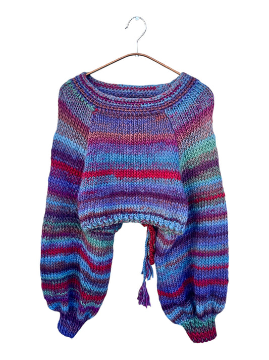 Hand- Crochet Open Back Sweater in rainbow ( blue)