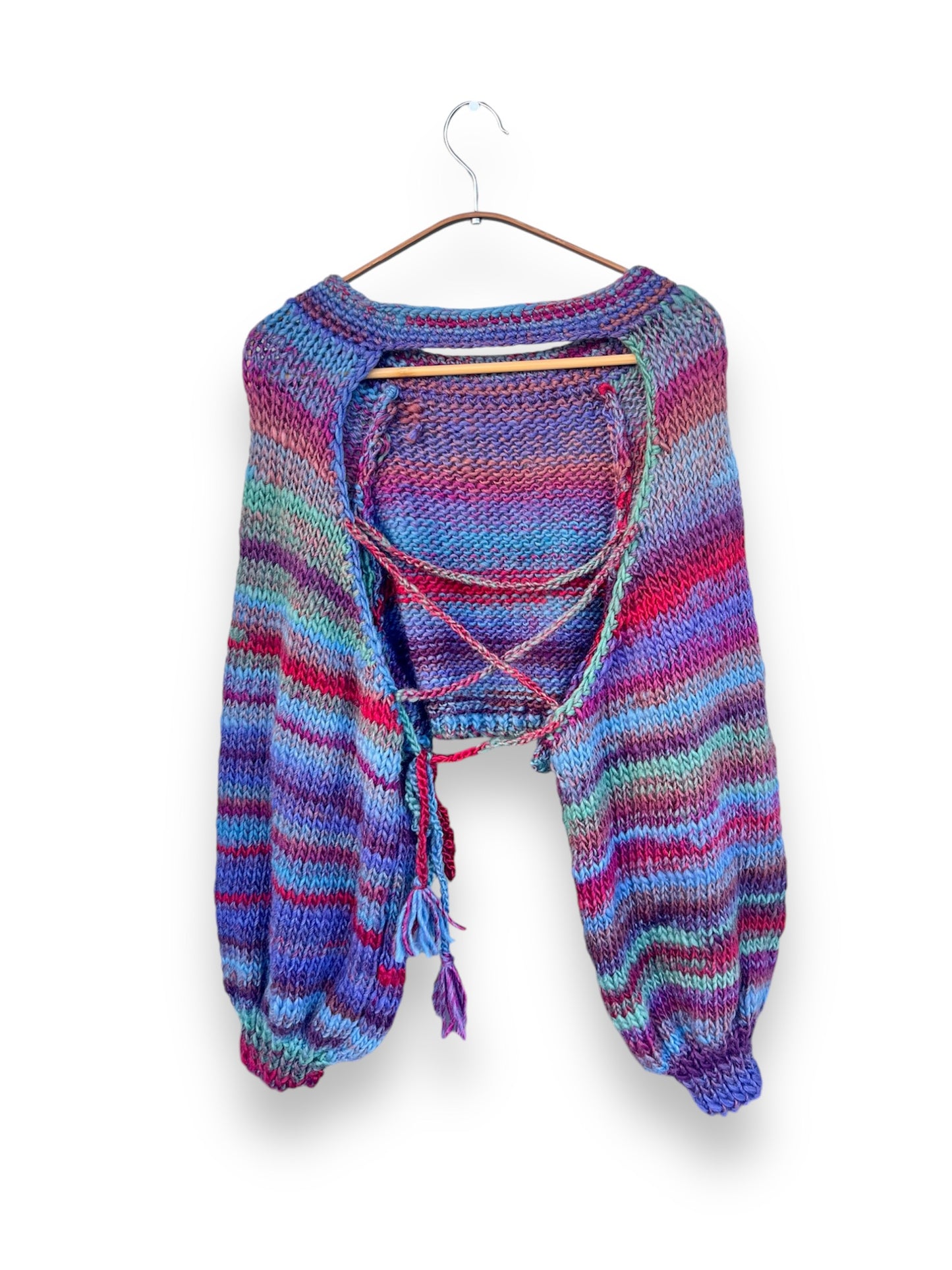 Hand- Crochet Open Back Sweater in rainbow ( blue)