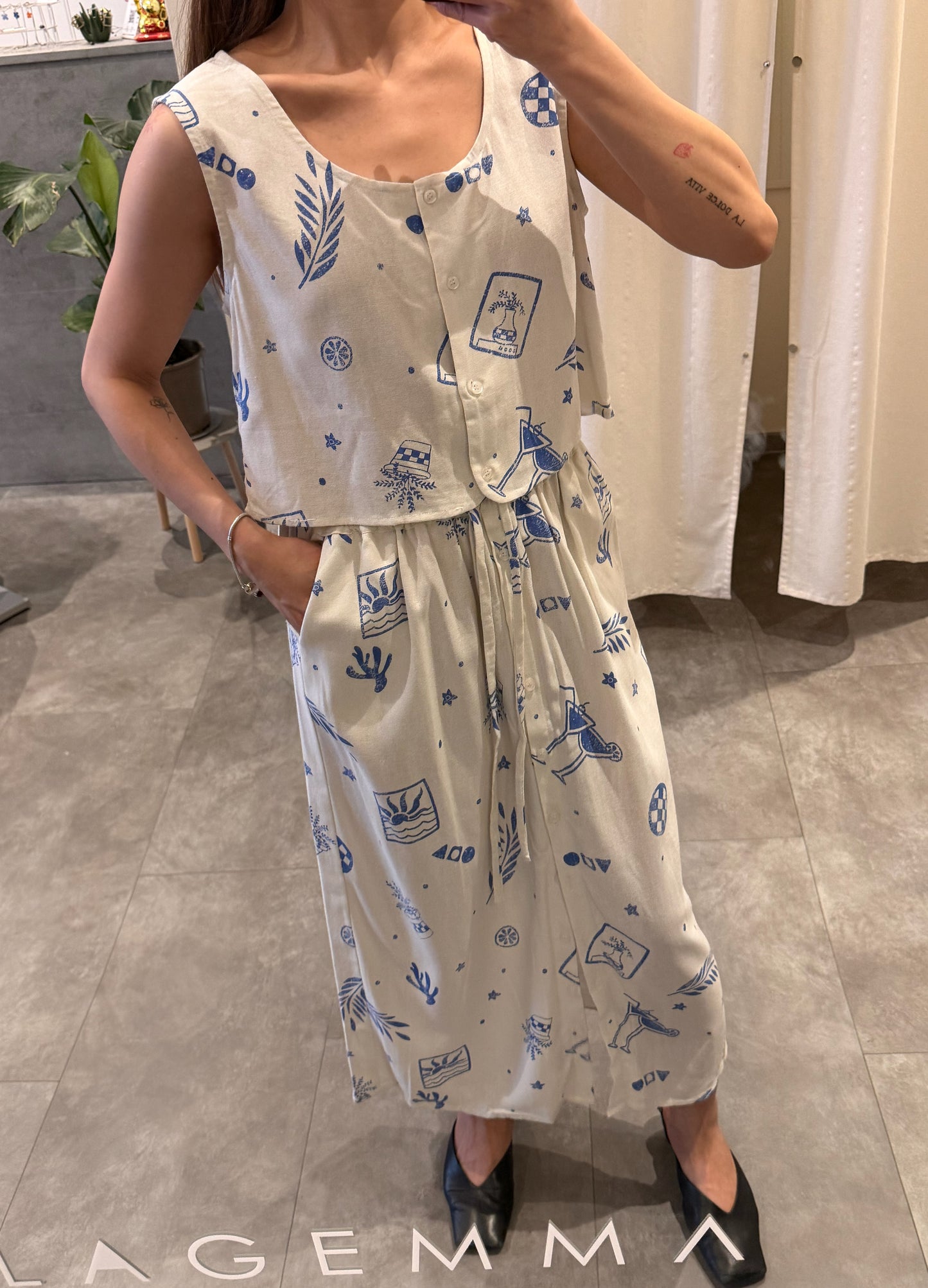 Azure sketch linen midi skirt