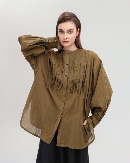 Pleated Cotton Oversized Blouse – Olive Brown