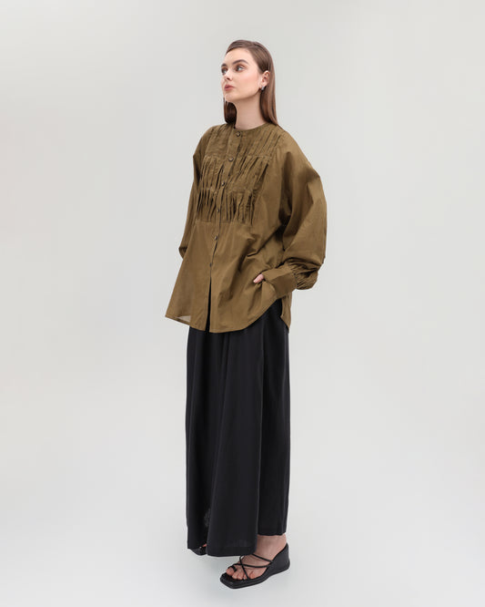 Pleated Cotton Oversized Blouse – Olive Brown