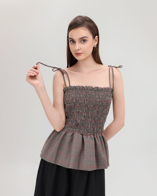Amelia Smocked Peplum Top in brown