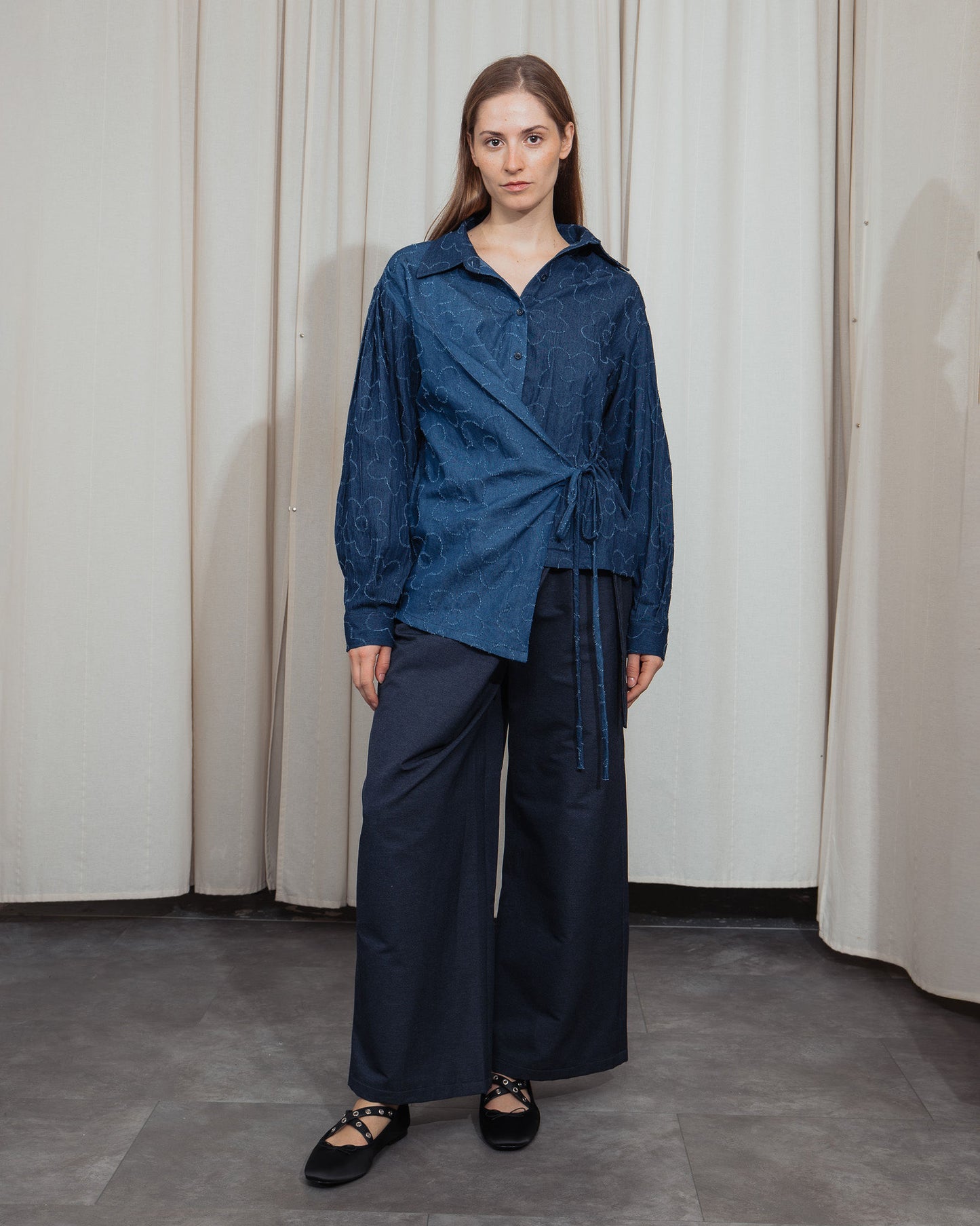 Two Tones Flower Denim Wrap Shirt