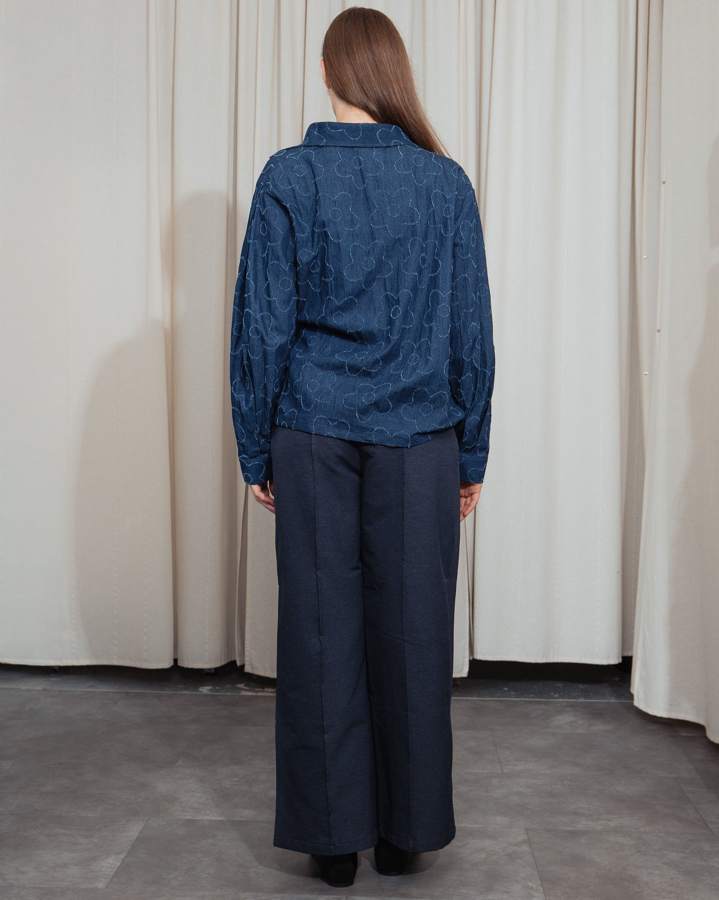 Two Tones Flower Denim Wrap Shirt