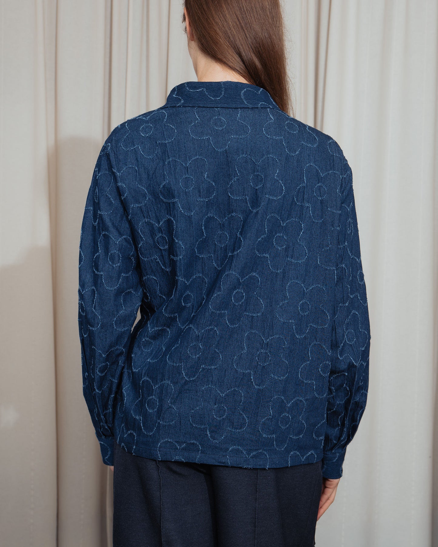 Two Tones Flower Denim Wrap Shirt