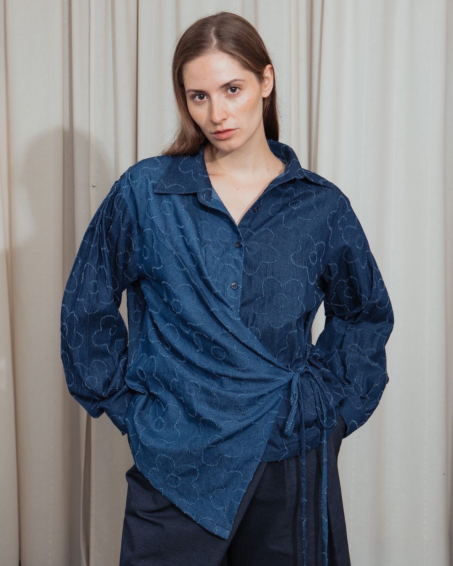 Two Tones Flower Denim Wrap Shirt