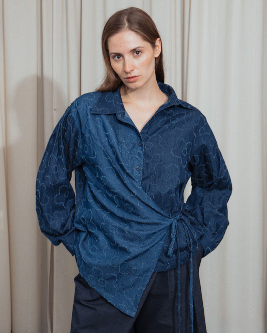 Two Tones Flower Denim Wrap Shirt