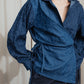 Two Tones Flower Denim Wrap Shirt