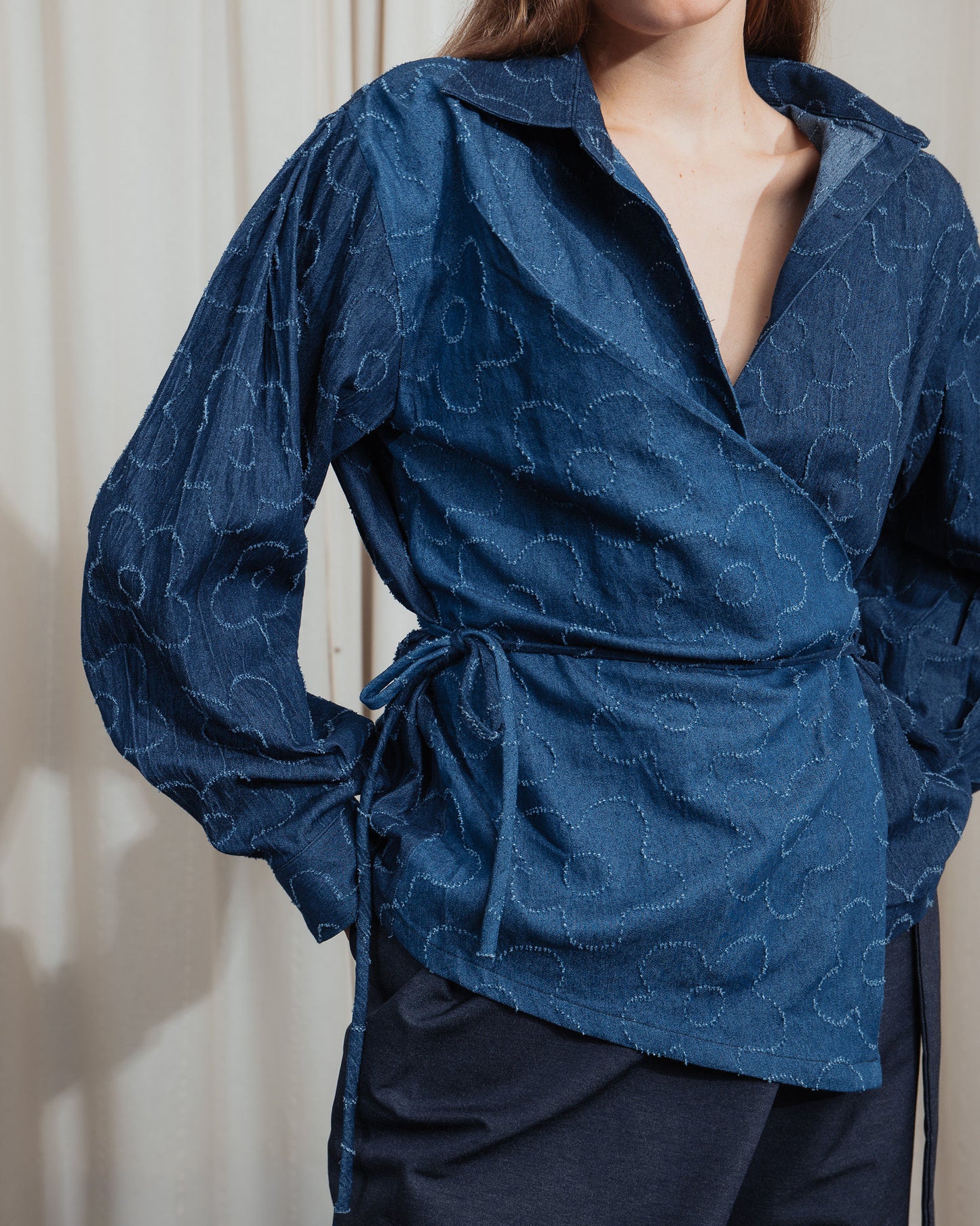 Two Tones Flower Denim Wrap Shirt