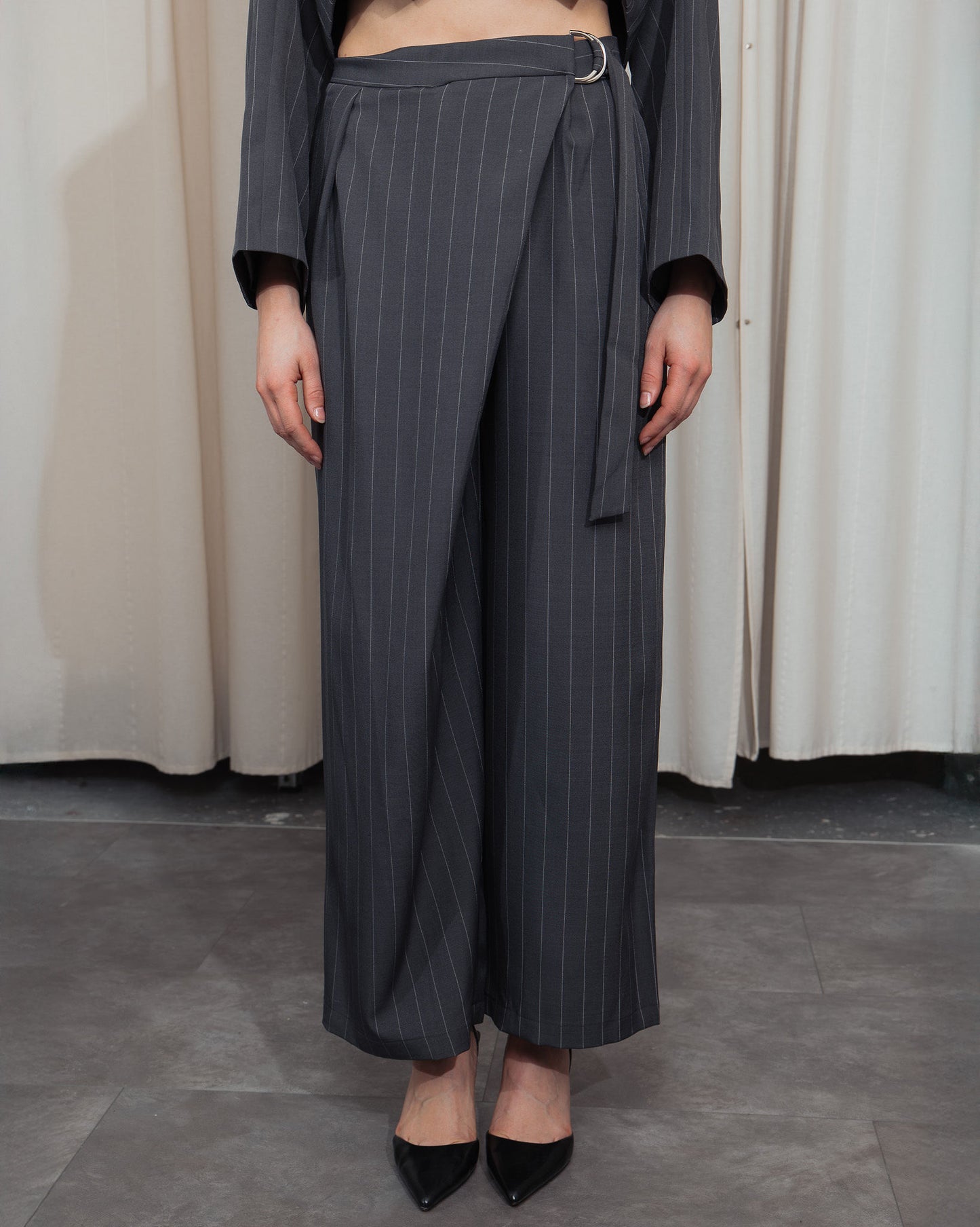 Pinstripe Crossover Pants in Grey