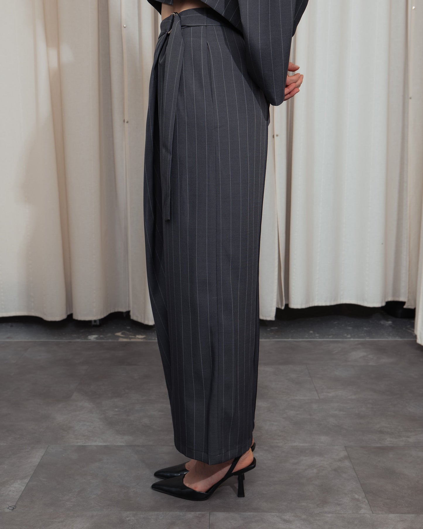 Pinstripe Crossover Pants in Grey
