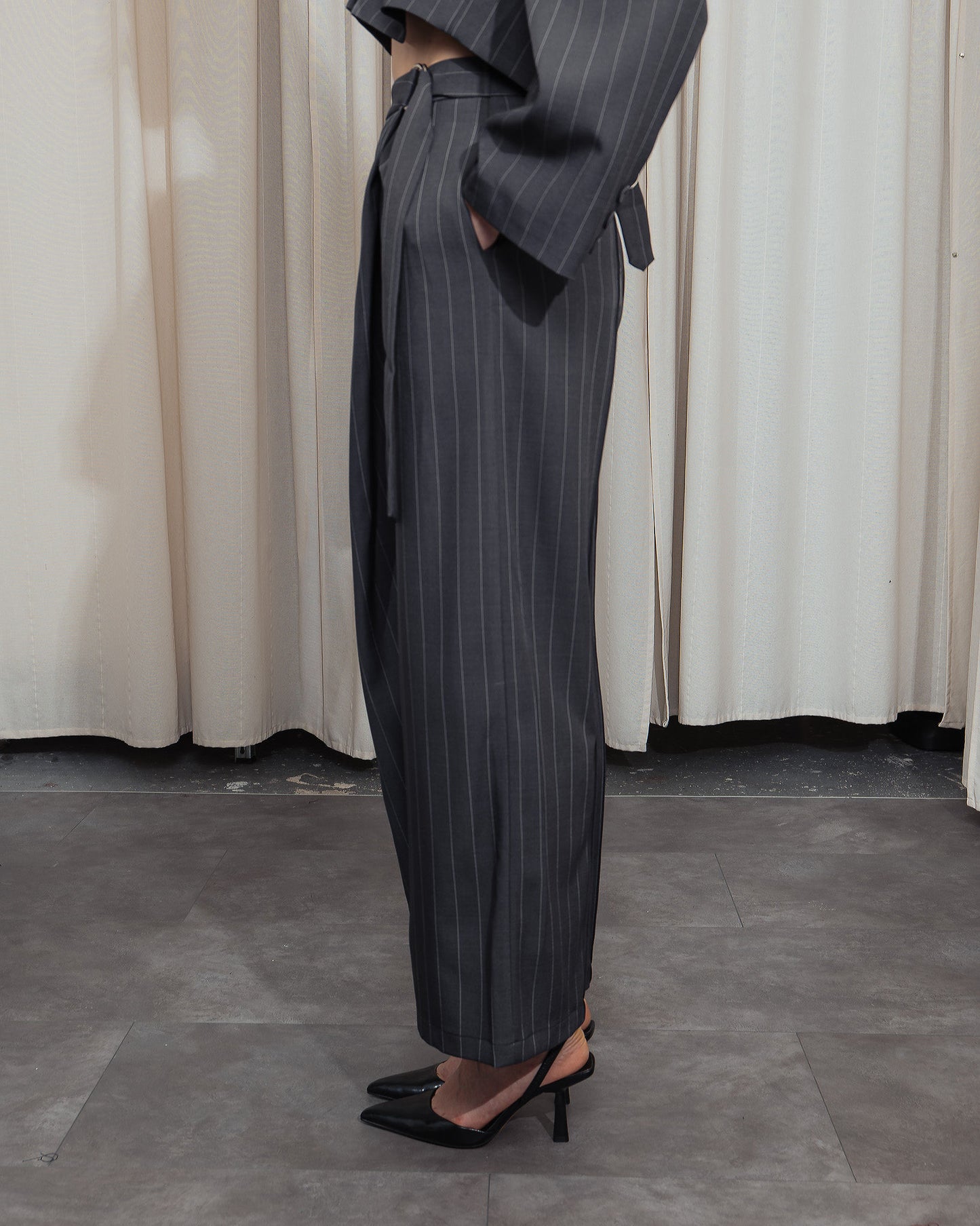 Pinstripe Crossover Pants in Grey