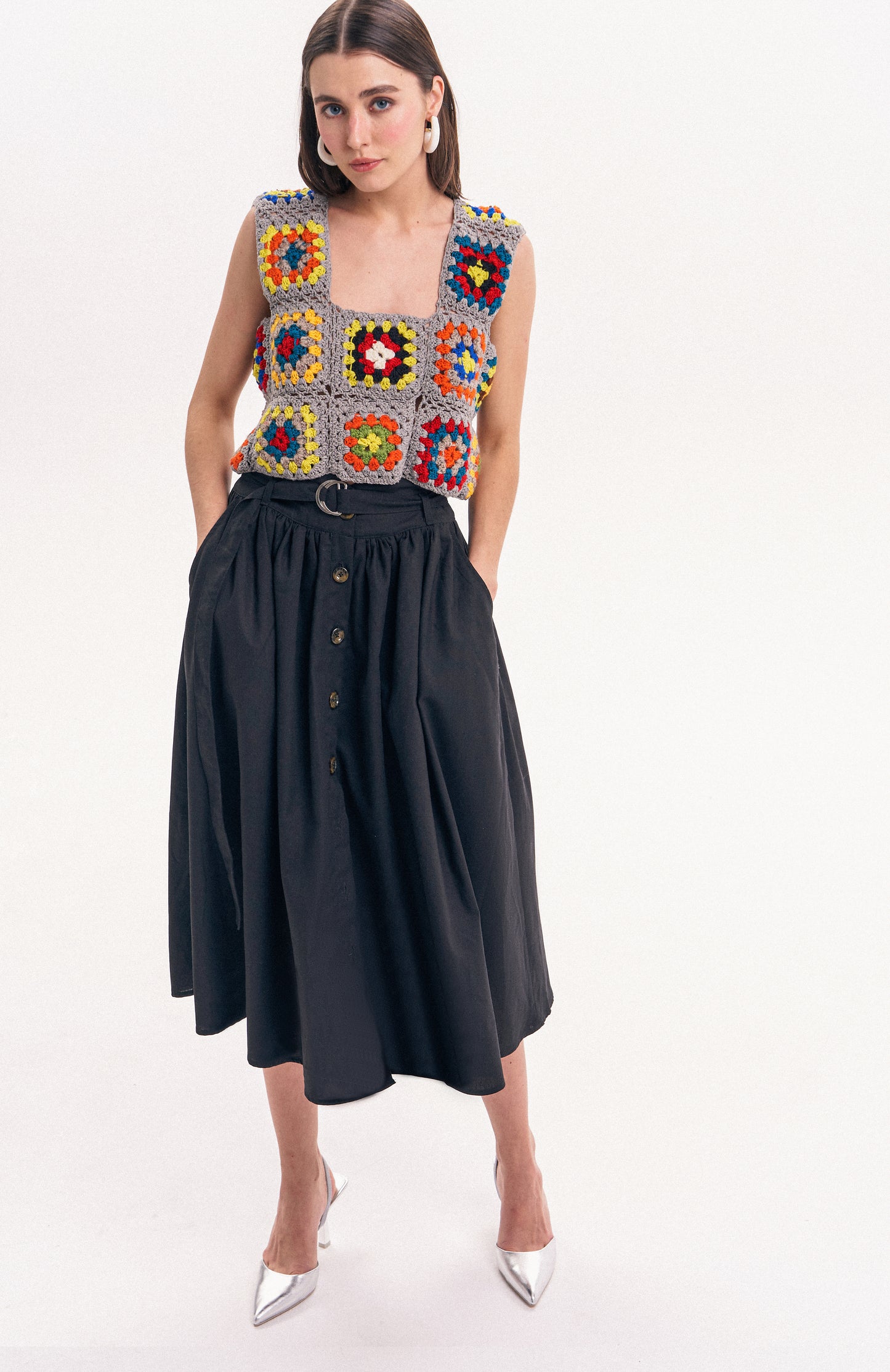 Button Midi Skirt in Black