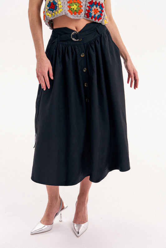 Button Midi Skirt in Black