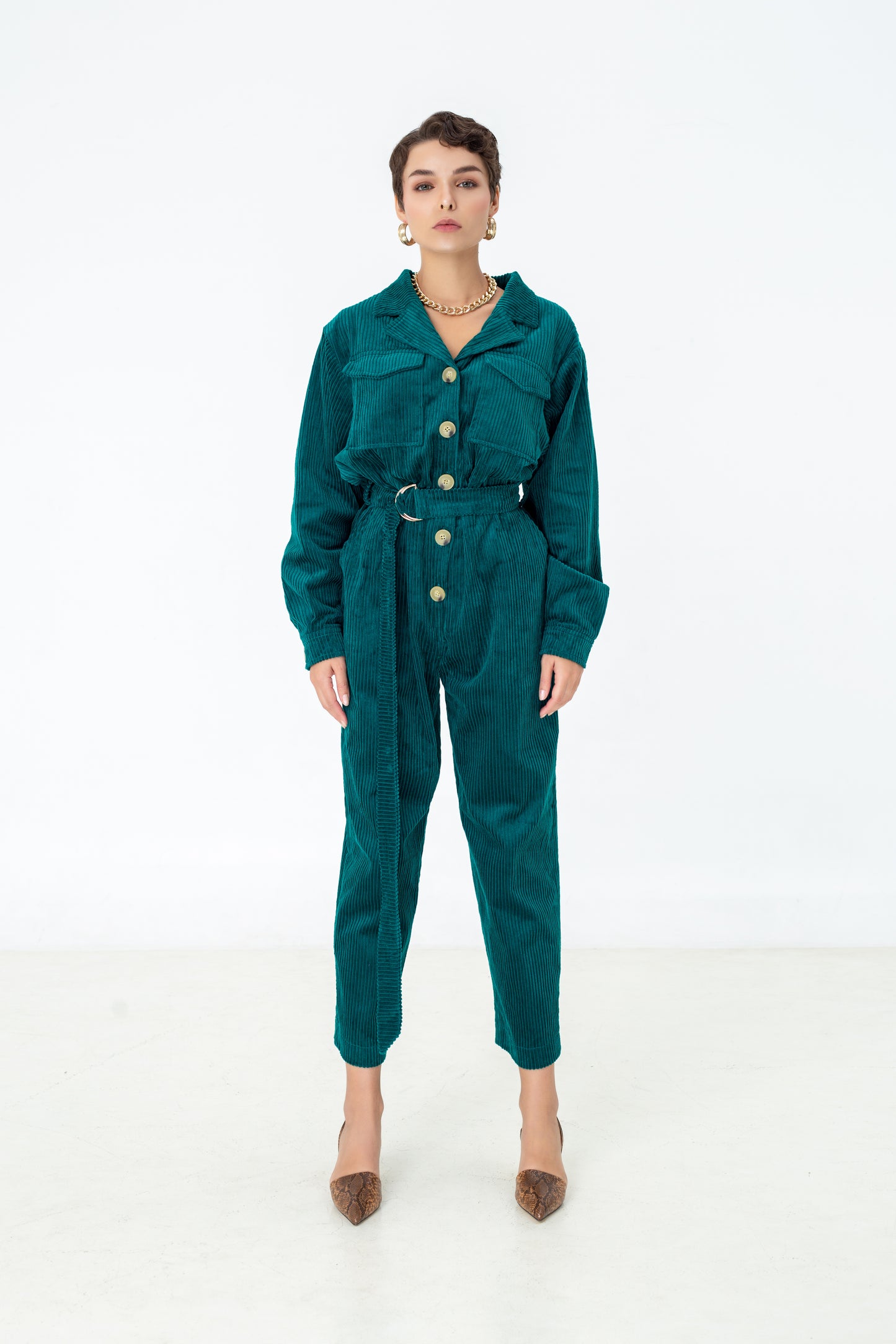 Belted corduroy utility jumpsuit