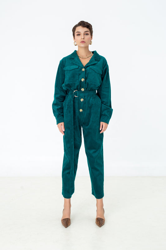 Belted corduroy utility jumpsuit